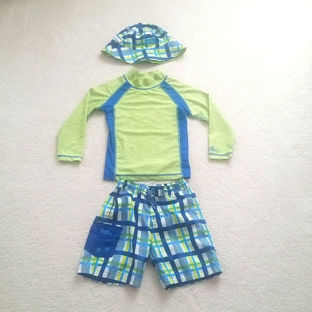 Uv Skinz 4T Bundle Long Sleeve Swim Shirt, Board Shorts, and Bucket Hat